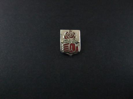 Socialistische Internationale organisatie, logo (Symbool van de organisatie is een gesloten rechterhand, die een rode roos vasthoudt)